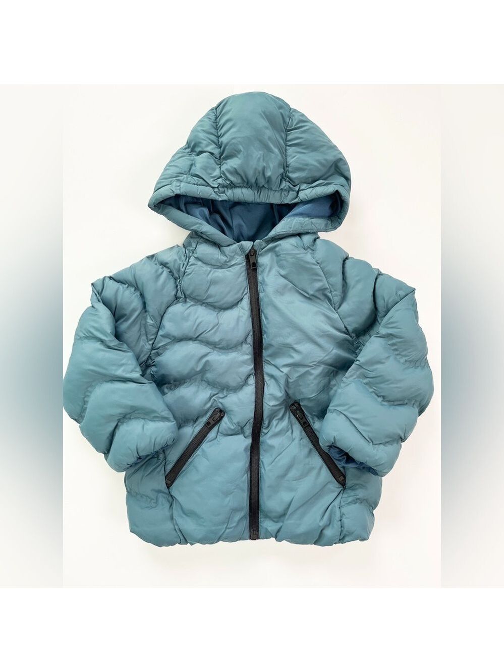 Zara 4T 5T Kids Teal‎ Puffer Winter Jacket Zippered Pockets Hood Warm